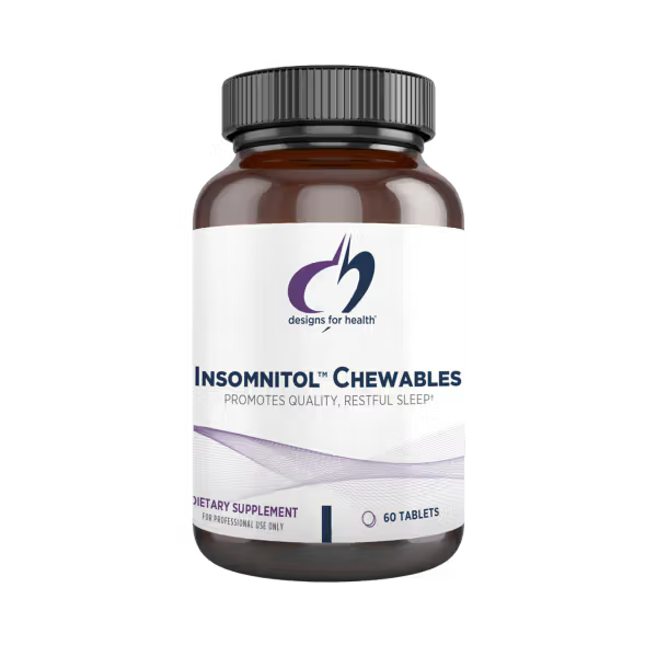 Supplement bottle labeled 'Insomnitol Chewables' by Designs for Health on a white background. Available at Tailor Made Nutrition in Woodbury MN