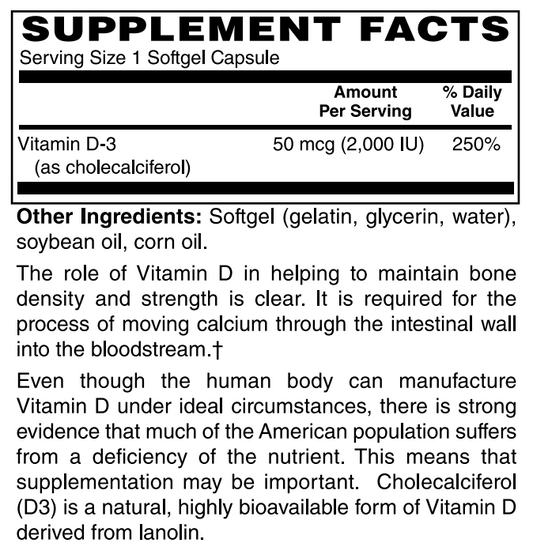 Supplement facts label for Vitamin D-3 capsules with serving size and ingredient information.