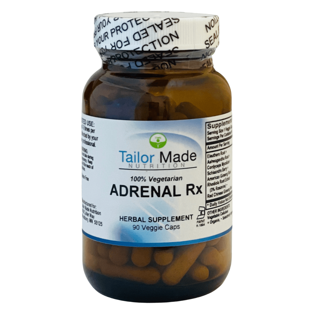 Bottle of Tailor Made Nutrition Adrenal RX herbal supplement on a white background