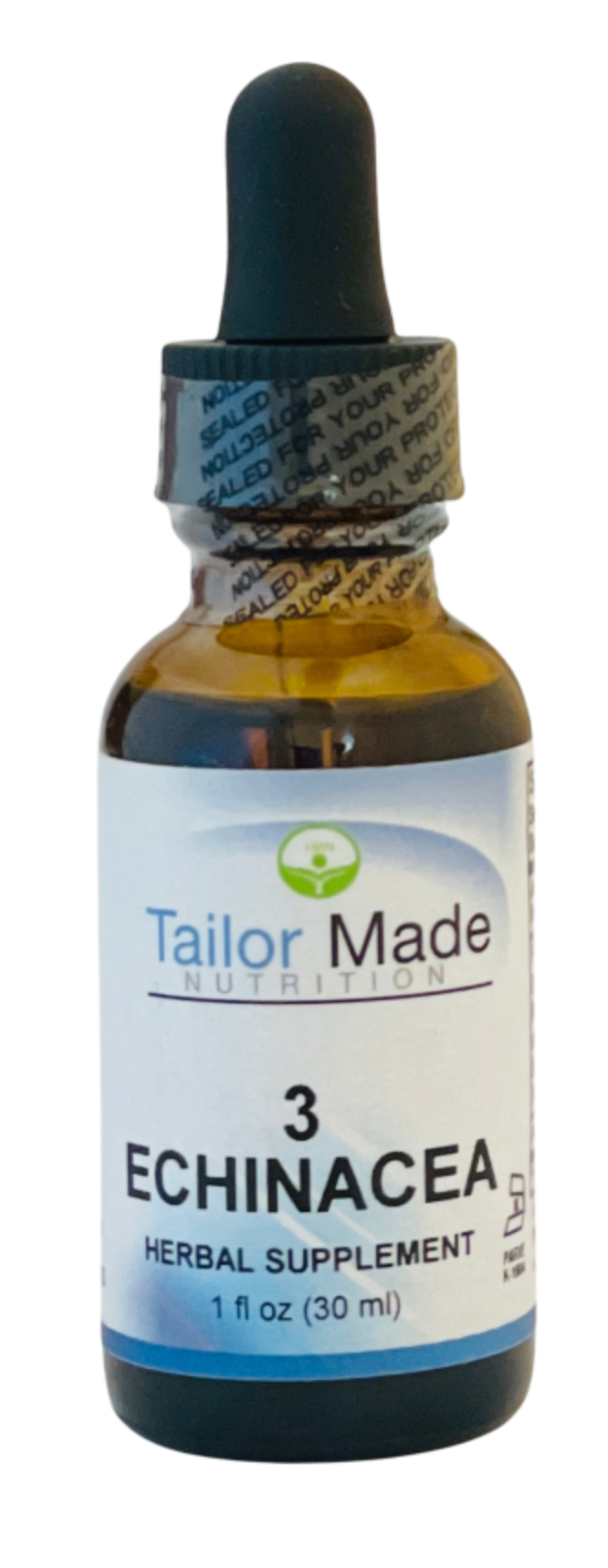 Bottle of Tailor Made Nutrition 3 Echinacea herbal supplement with dropper on a white background