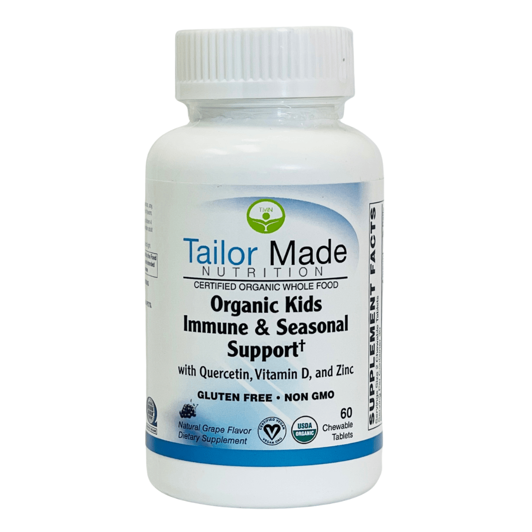 Bottle of Tailor Made Nutrition Organic Kids Immune & Seasonal Support supplement on a white background
