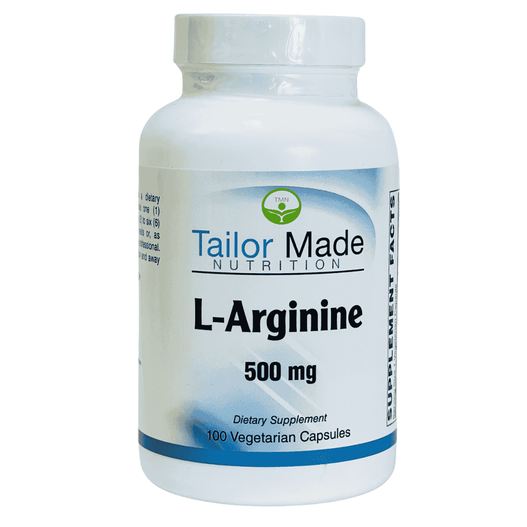 Supplement bottle labeled 'L-Arginine 500 mg' by Tailor Made Nutrition on a white background