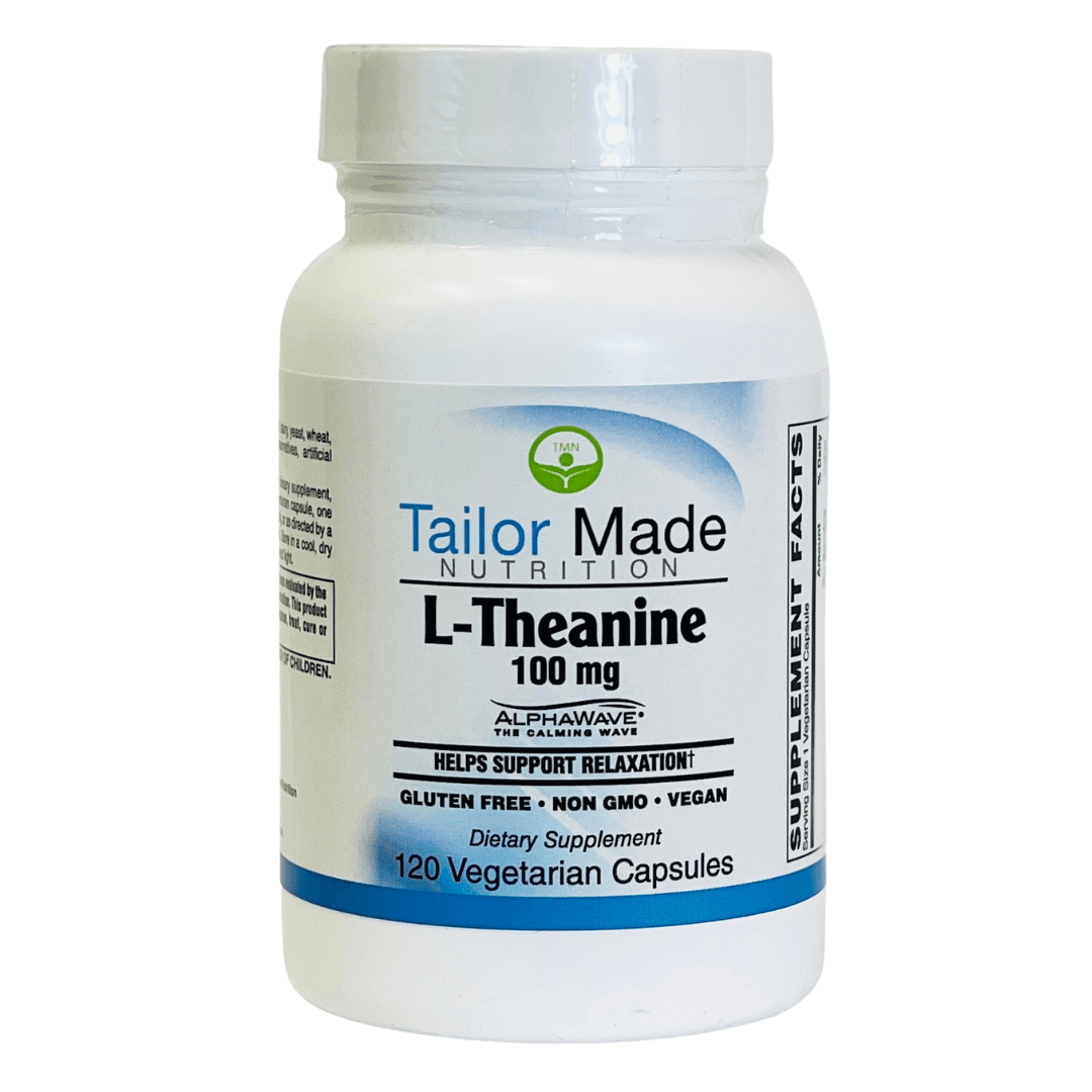 Supplement bottle labeled 'Tailor Made Nutrition L-Theanine 100 mg' on a white background