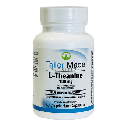 Bottle of Tailor Made Nutrition L-Theanine supplement on a white background