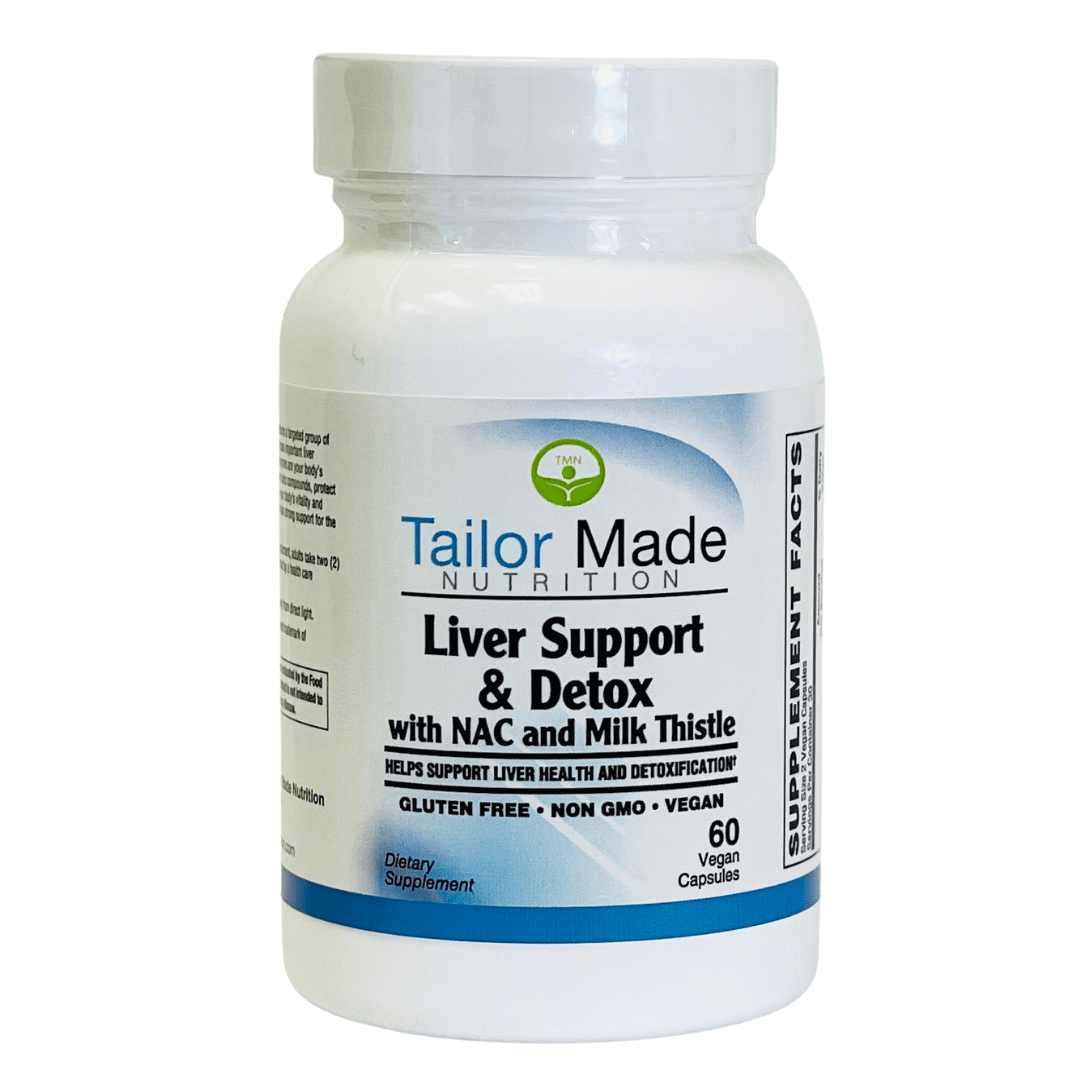 Supplement bottle labeled 'Tailor Made Nutrition Liver Support & Detox' on a white background
