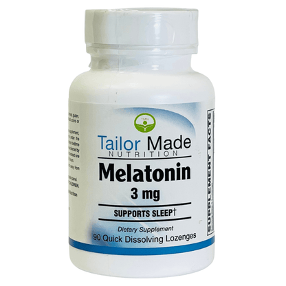 Bottle of Tailor Made Nutrition Melatonin 3 mg supplement on a white background