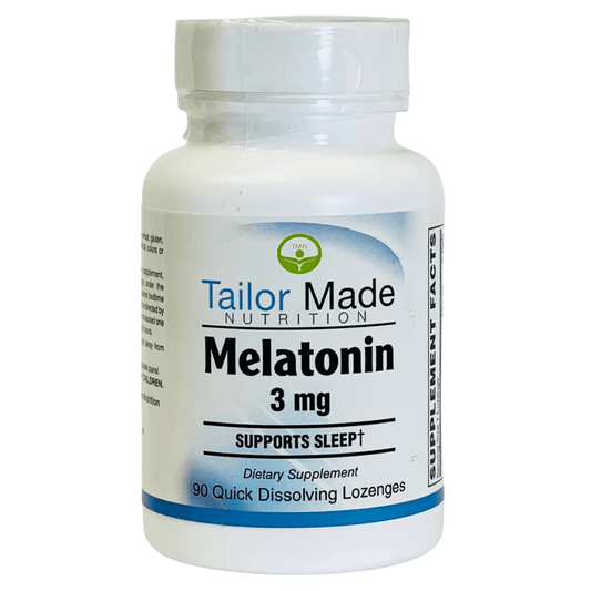Bottle of Tailor Made Nutrition Melatonin 3 mg supplement on a white background