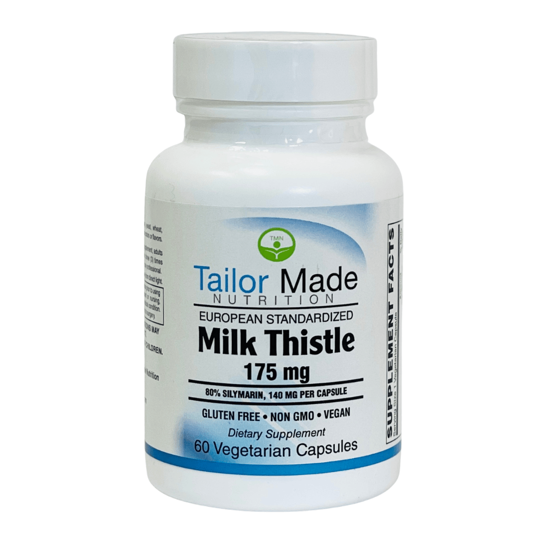 Supplement bottle labeled 'Tailor Made Nutrition Milk Thistle 175 mg' on a white background