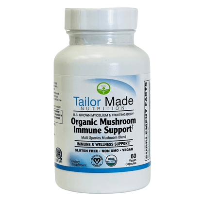 Tailor Made Nutrition Organic Mushroom Immune Support supplement 60 Vegan Caps. Providing 1 gram of Organic Mushroom Immune Support (Multi-Species Blend) derived from mycelium and fruiting body per serving.