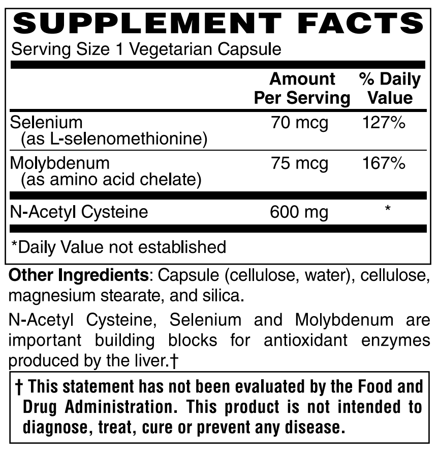 N-acetyl cysteine (NAC) 600mg Active w/ Co-Factors L-Selenomethione and Molybdenum