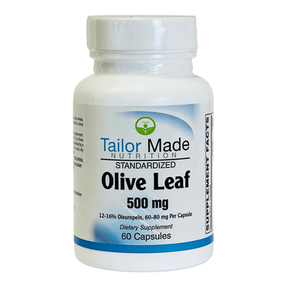 Supplement bottle labeled 'Tailor Made Nutrition Olive Leaf' on a white background