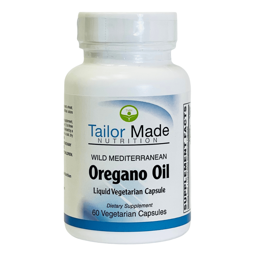 Bottle of Tailor Made Nutrition Oregano Oil capsules on a white background
