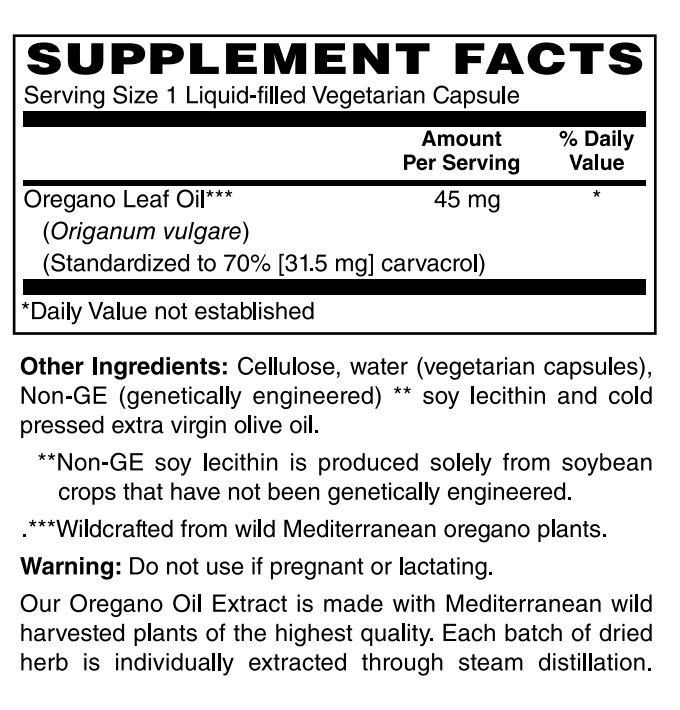 Supplement facts label for oregano leaf oil extract in a liquid-filled vegetarian capsule.