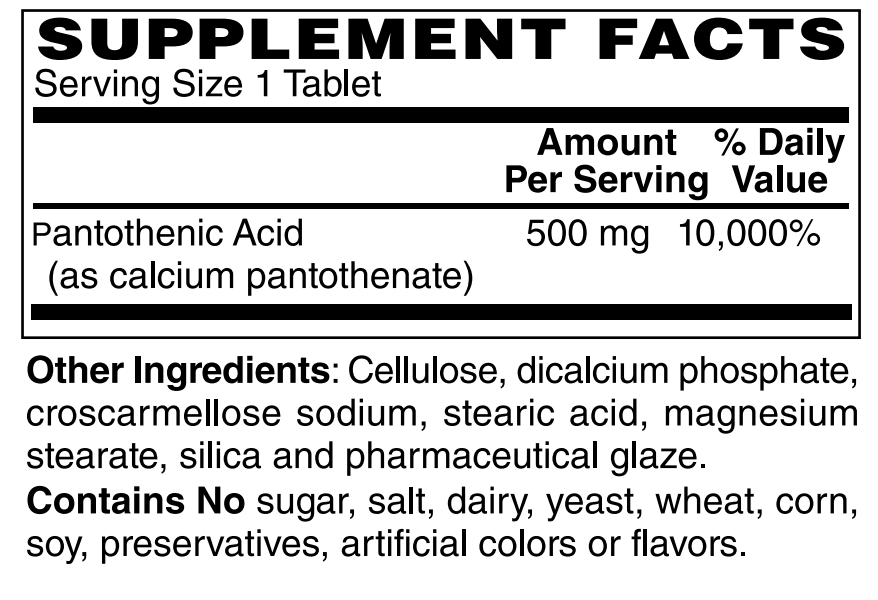 Pantothenic Acid (Vitamin B5) 500 mg 100 Vegetarian Tablets