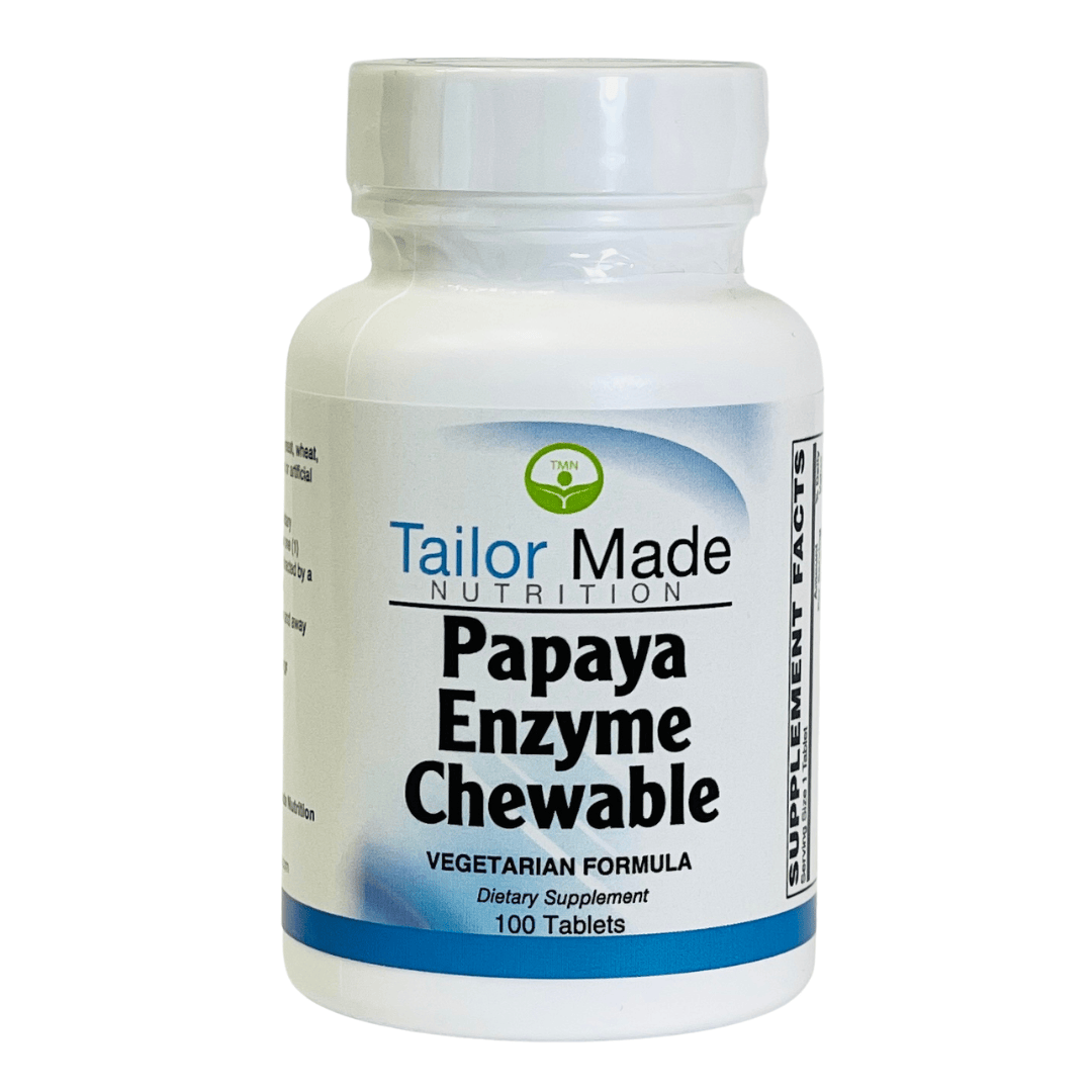 Bottle of Tailor Made Nutrition Papaya Enzyme Chewable supplement on a white background