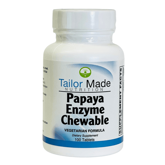 Bottle of Tailor Made Nutrition Papaya Enzyme Chewable supplement on a white background