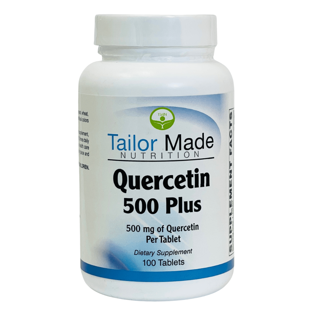 Bottle of Tailor Made Nutrition Quercetin 500 Plus dietary supplement on a white background