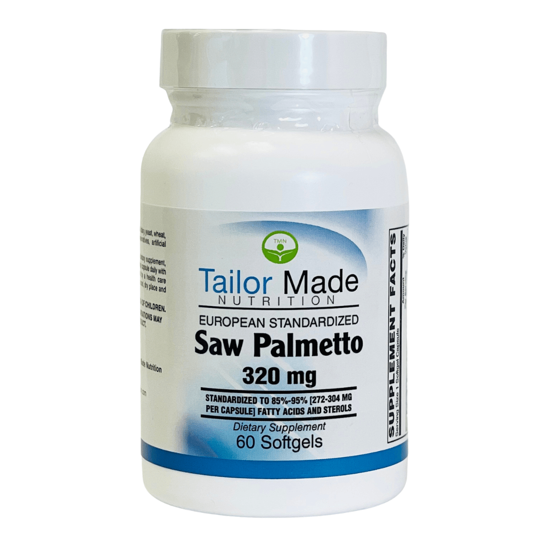 Supplement bottle labeled 'Tailor Made Nutrition Saw Palmetto 320 mg' on a white background