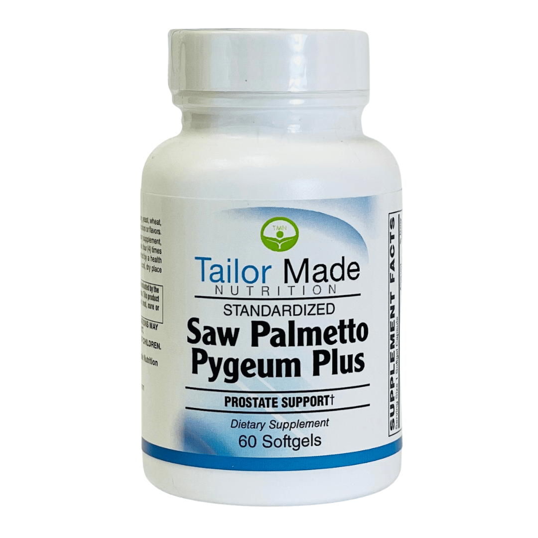 Supplement bottle labeled 'Tailor Made Nutrition Saw Palmetto Pygeum Plus' on a white background