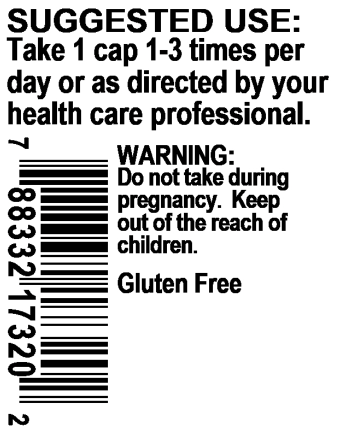 Drug label with suggested use, warning, and gluten-free information on a white background