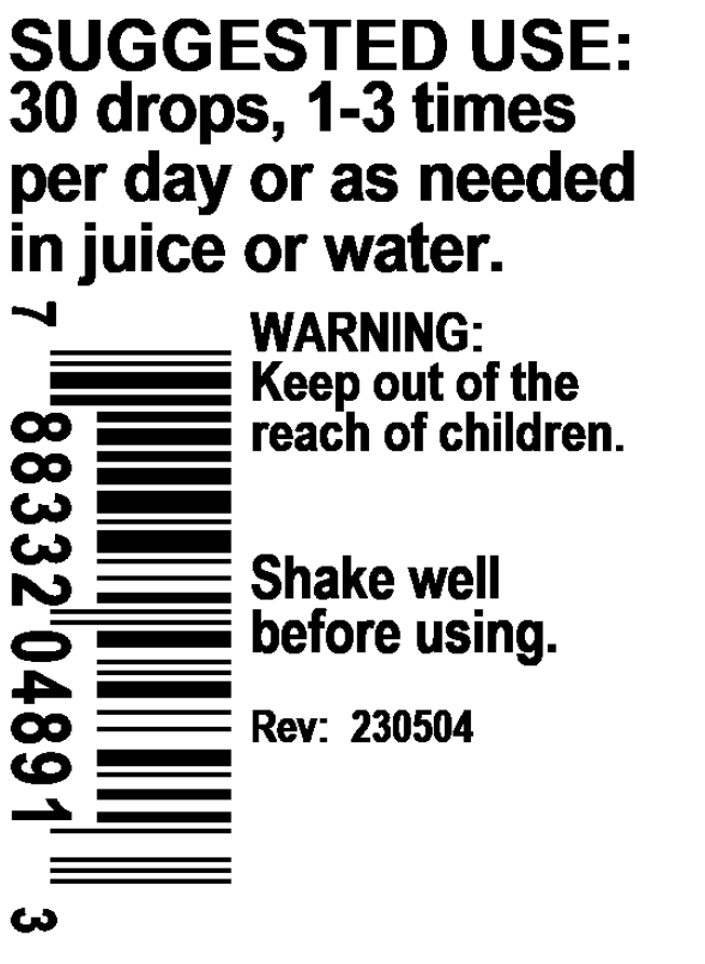 Drug label with suggested use, warning, and barcode on a white background