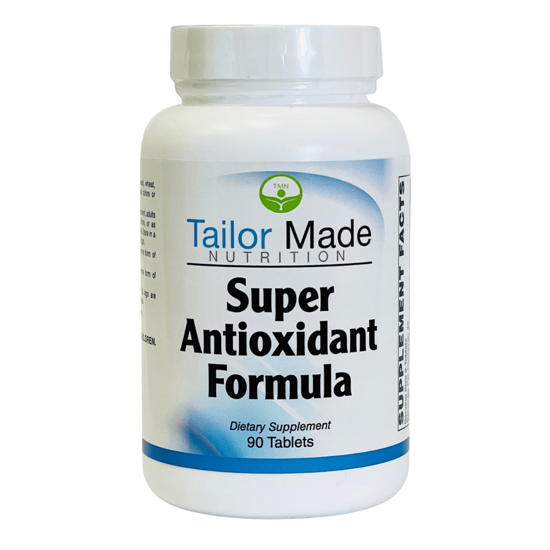 Supplement bottle labeled 'Tailor Made Nutrition Super Antioxidant Formula' on a white background
