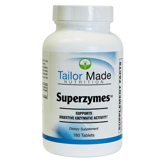 Bottle of Tailor Made Nutrition Superzymes dietary supplement on a white background