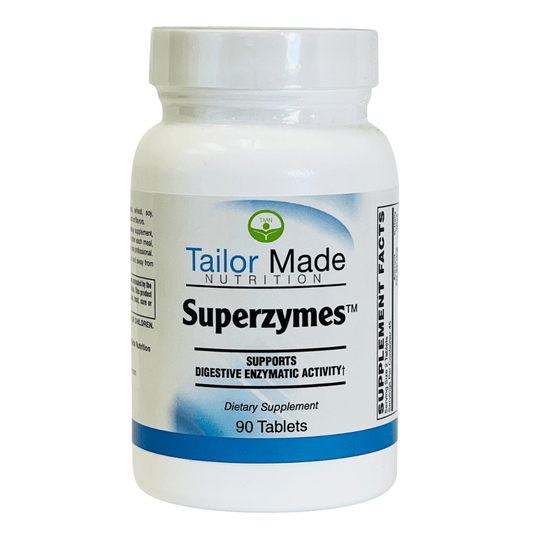 Supplement bottle labeled 'Tailor Made Nutrition Superzymes' on a white background