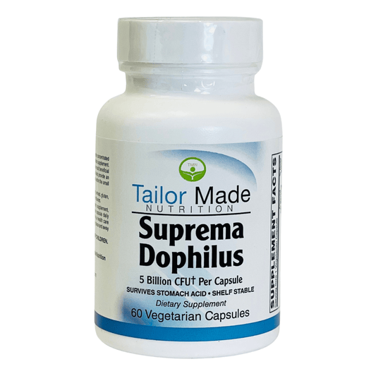 Supplement bottle labeled 'Tailor Made Nutrition Suprema Dophilus' on a white background