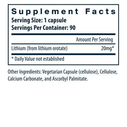 Lithium Orotate 20 mg  90 Vegan Caps