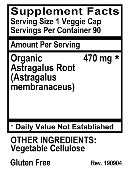 Supplement facts label for Astragalus Root with serving size and container information.