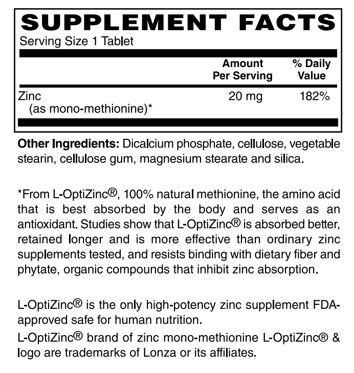 Zinc (mono-methionine) L-OptiZinc® 20mg 100 Tablets