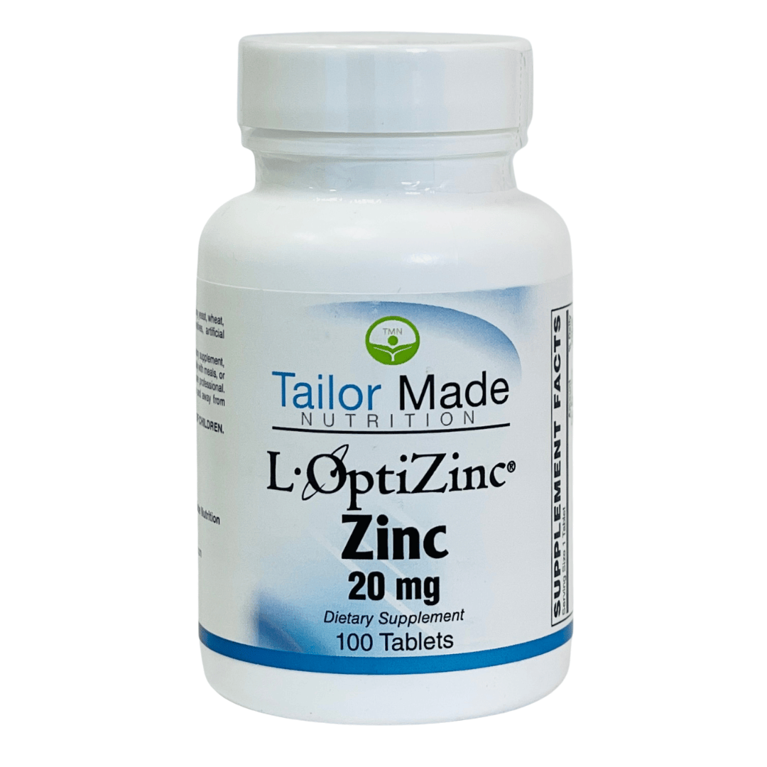 Bottle of Tailor Made Nutrition L-OptiZinc Zinc supplement on a white background
