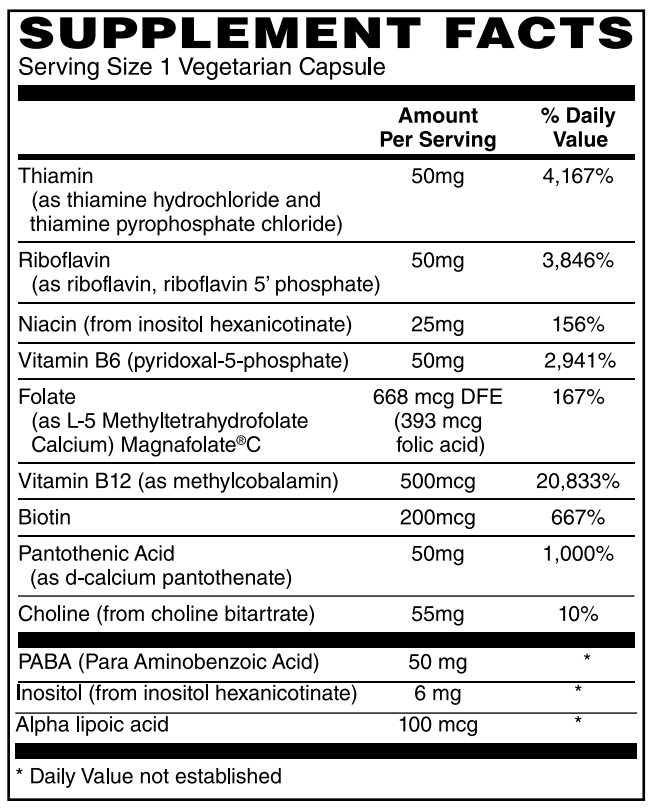 Supplement facts label for a dietary supplement with various vitamins and minerals listed.