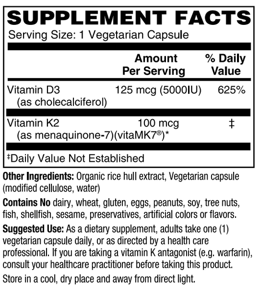 Vitamin D3 + K2, 125 mcg/100 mcg 60 VCaps