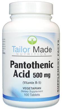 A bottle of Tailor Made Nutrition Pantothenic Acid 500mg, with the label indicating it is a vegetarian supplement.